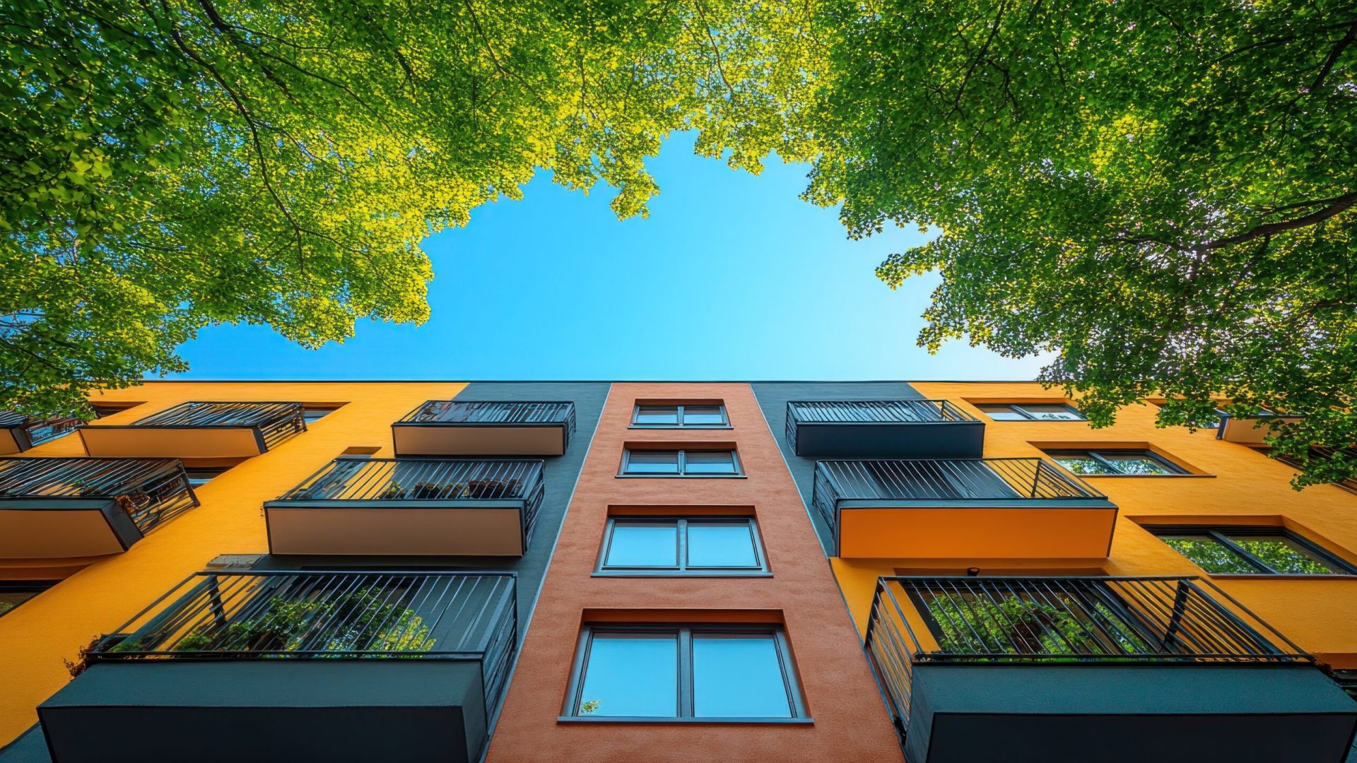 A photo of modern apartments framed by lush green trees and a vibrant blue sky, sleek glass balconies reflecting sunlight, contemporary architecture with clean lines, taken with a Canon EOS R5 with a 50mm f/1.2 lens, natural bright lighting, architectural photography, realistic, detailed, 12K, best photo, --chaos 45 --ar 16:9 --style raw --stylize 600 --v 6.1 Job ID: b4b23b75-e13b-4db0-a71b-549626d828aa