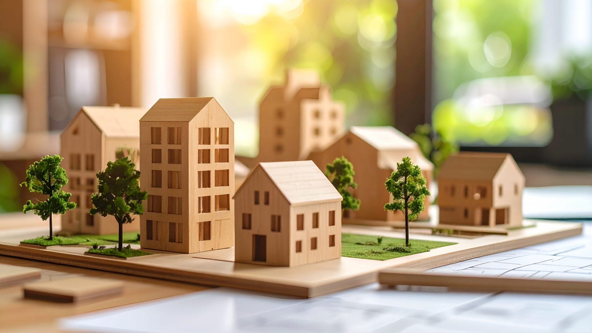 A charming miniature town of wooden house models, representing urban planning and real estate development.