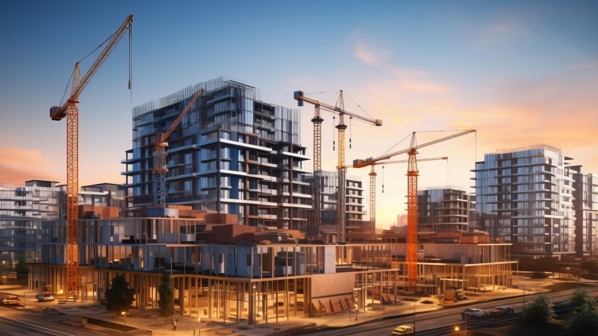 City building construction sites development and tower cranes. Generative AI technology.