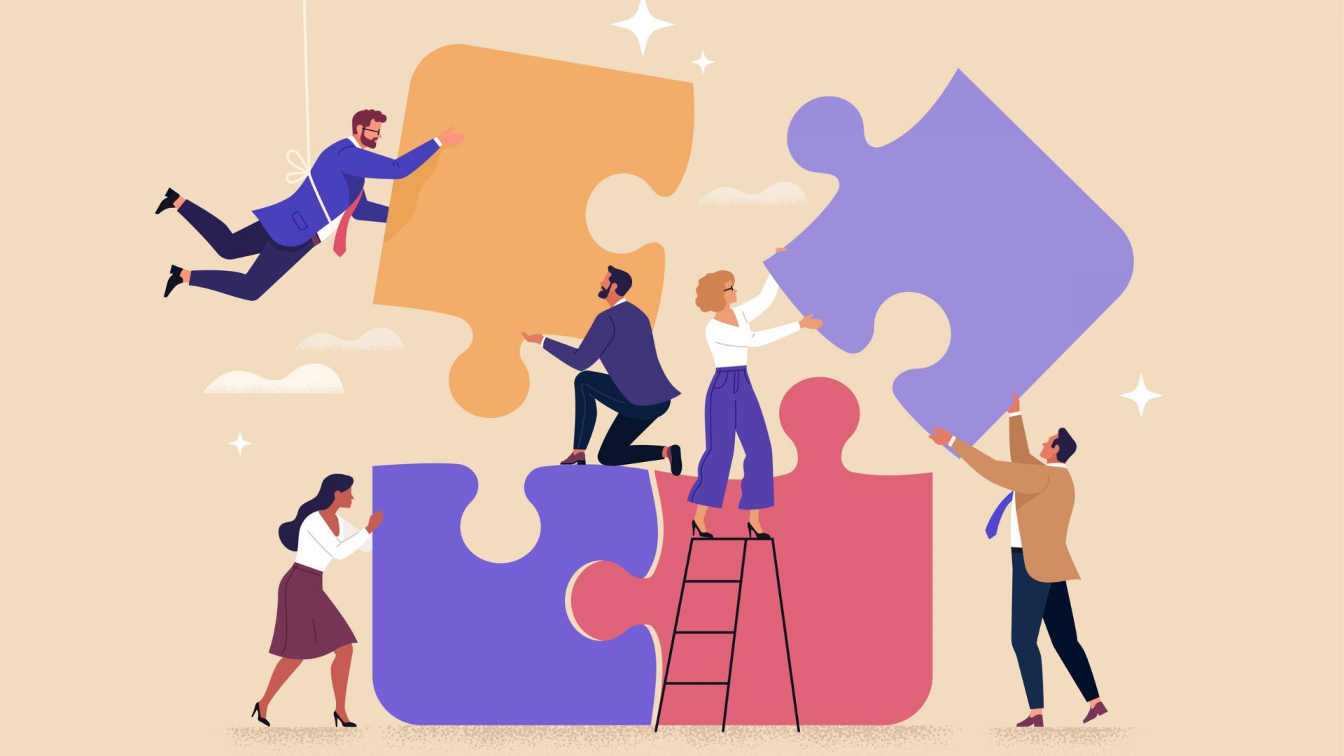 Business Teamwork concept. Contemporary flat style abstract vector illustration of a group of diverse people putting together a huge puzzle details. Isolated on background